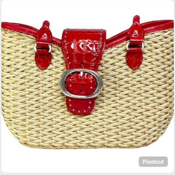 Vintage Brighton Straw Shoulder Bag 2000s Red Patent Leather Silver Hardware - Picture 8 of 8